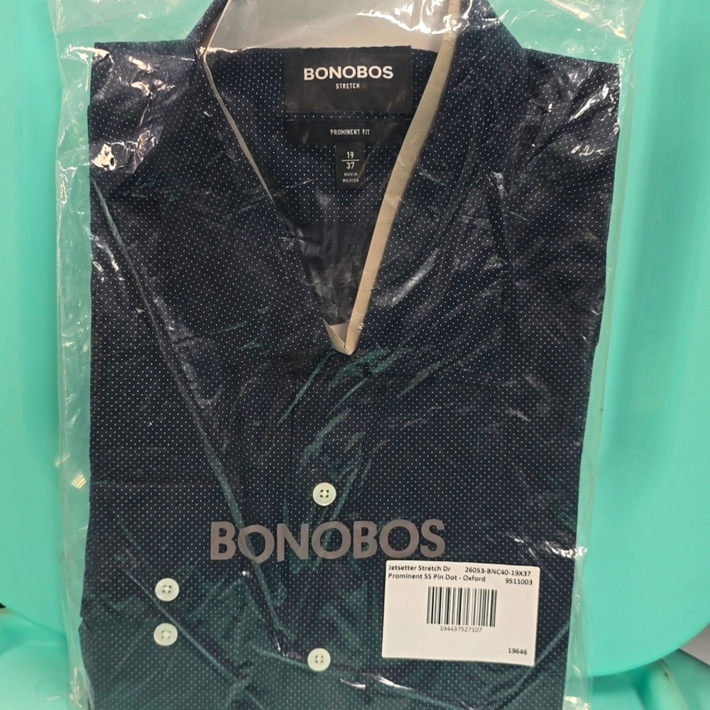 New mens Bonobos 19/37 SS jetsetter stretch pin dot Oxford blue dress shirt